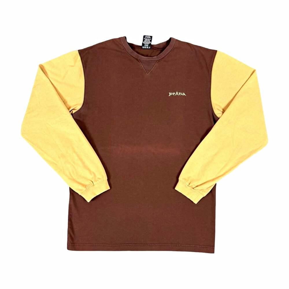 prAna Men's L Brown/Beige Colorblock Long Sleeve Crew Neck Cotton Blend Tee